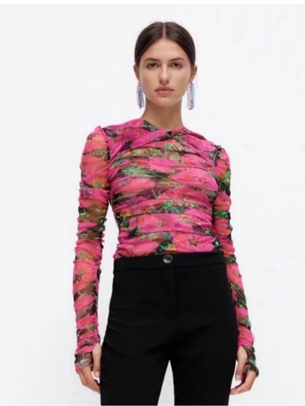 Zara Pink Floral Ruched Mesh Long-Sleeve Top Size S